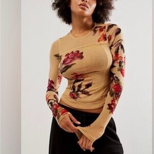 Free People Beige Floral Long Sleeve Top